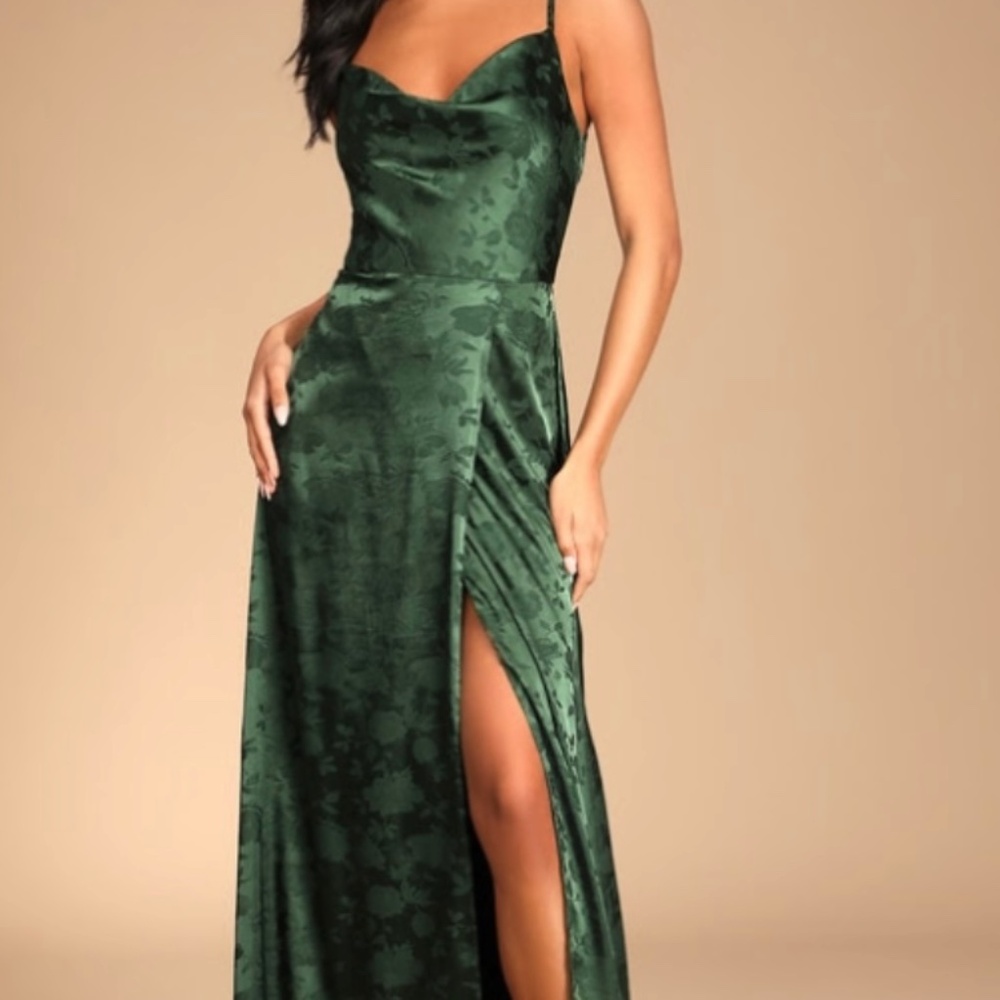 Emerald Green Satin Floral Maxi Dress